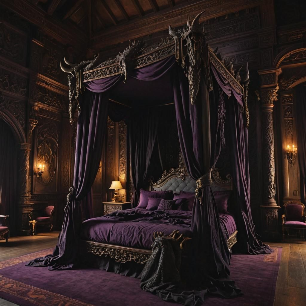 Dragon-Themed Gothic Bedroom with Purple and Black Decor