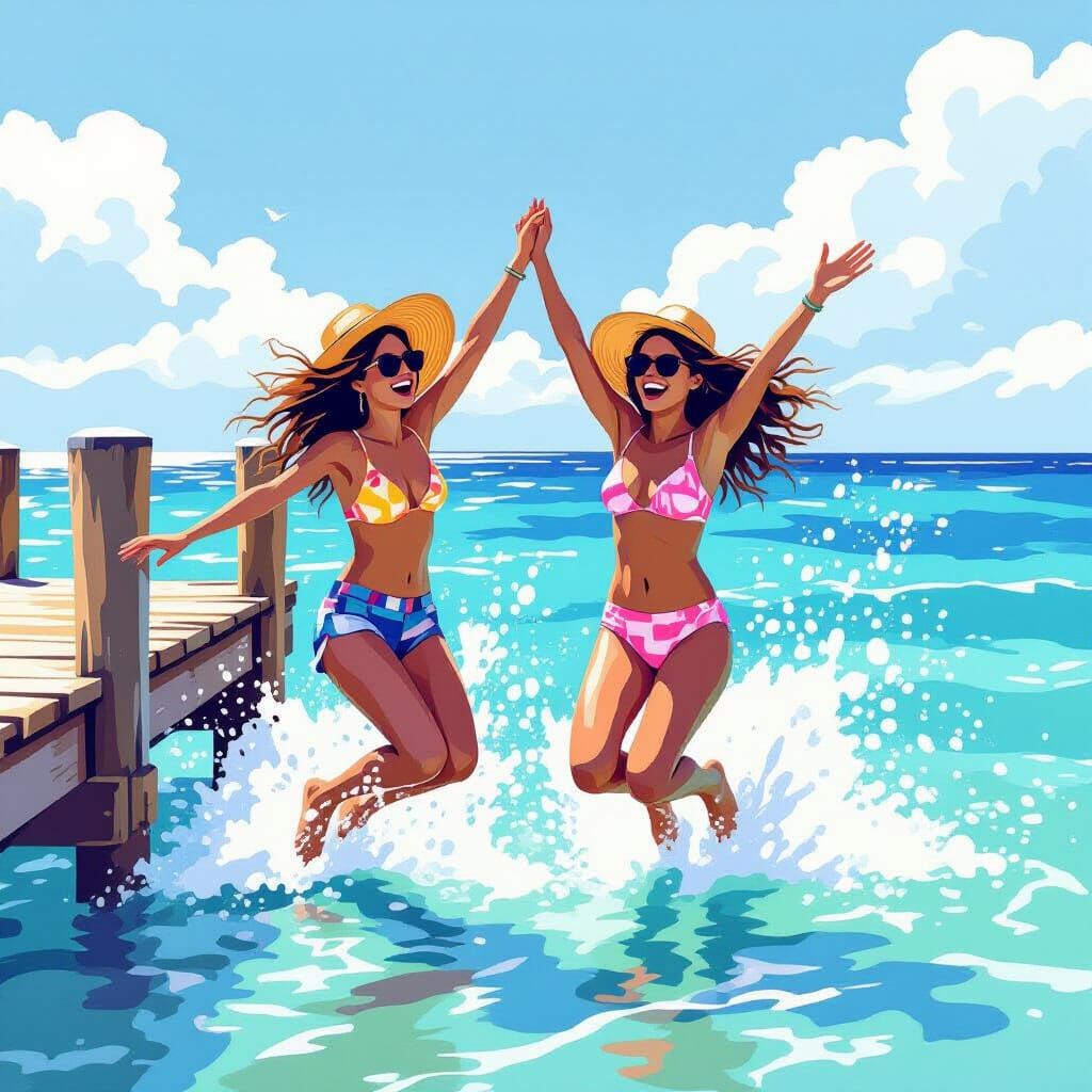 Friends Jumping into Sparkling Sea: Colorful Illustration