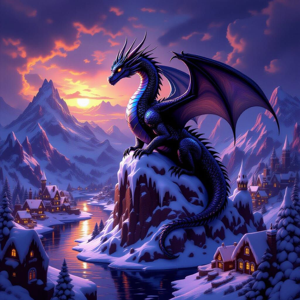 Obsidian Dragon on Sugar Mountains in High-Fantasy Style