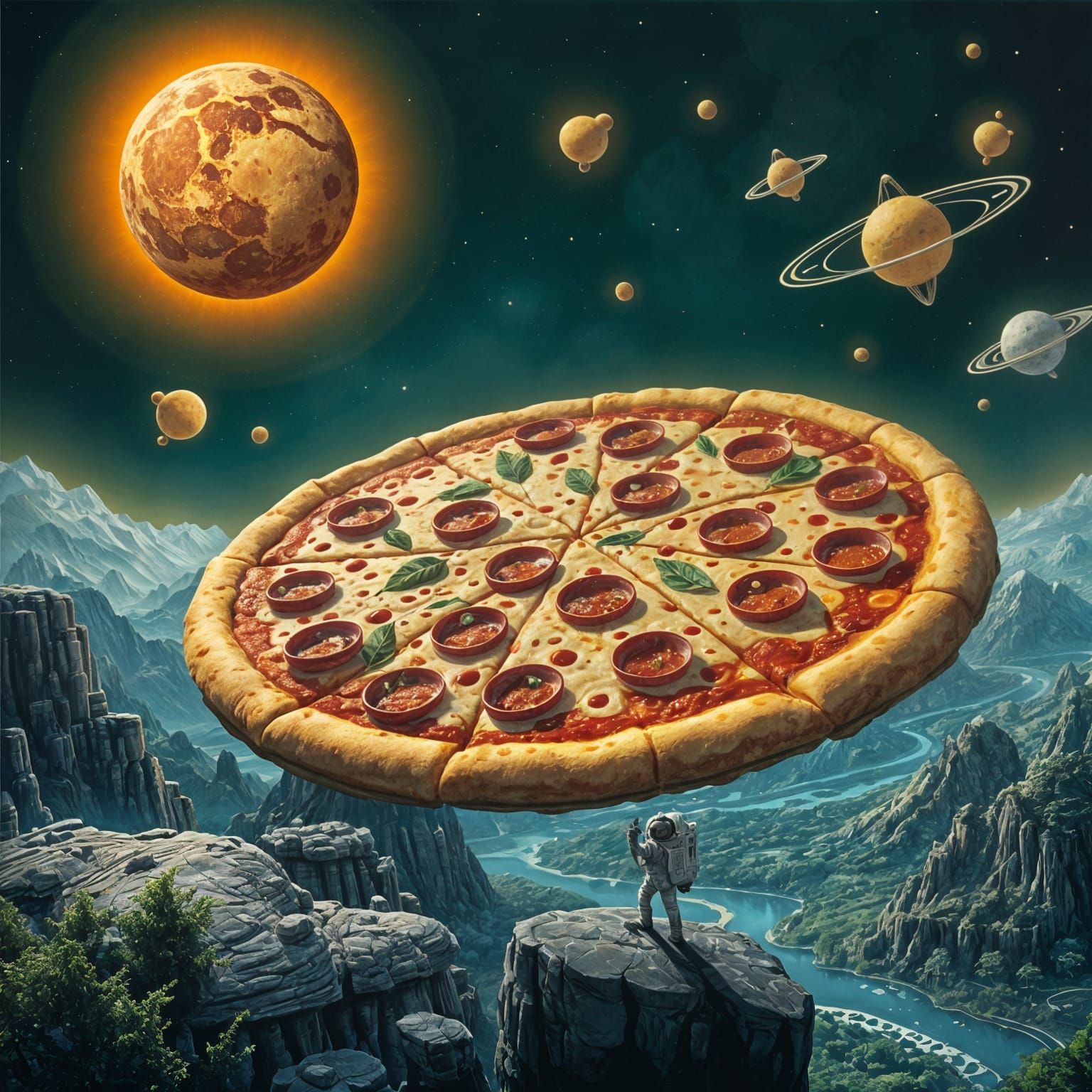 Colossal Pizza Planet Orbiting Meatball Sun: Culinary Surrea...