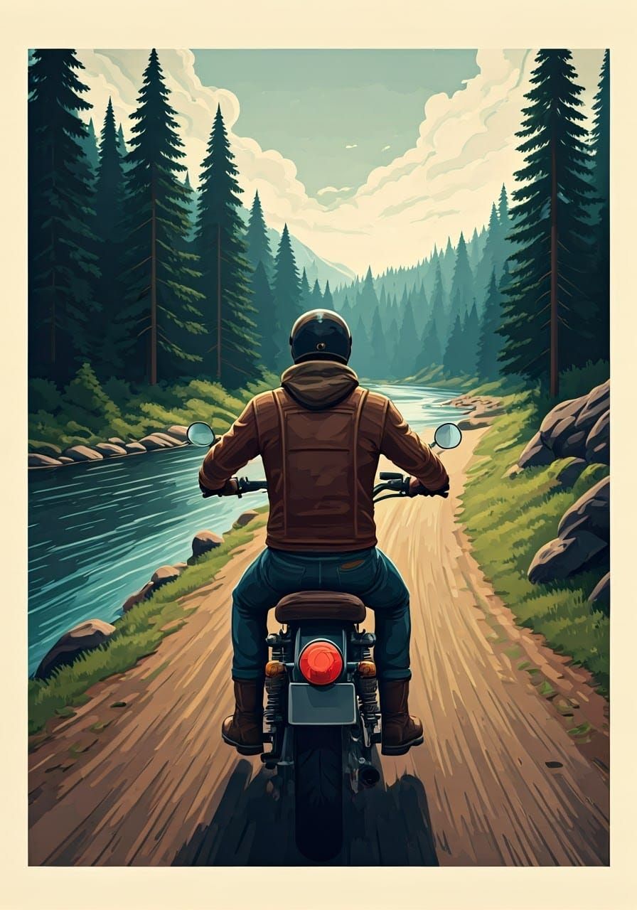 Vintage Travel Poster: Biker Riding Through Forest
