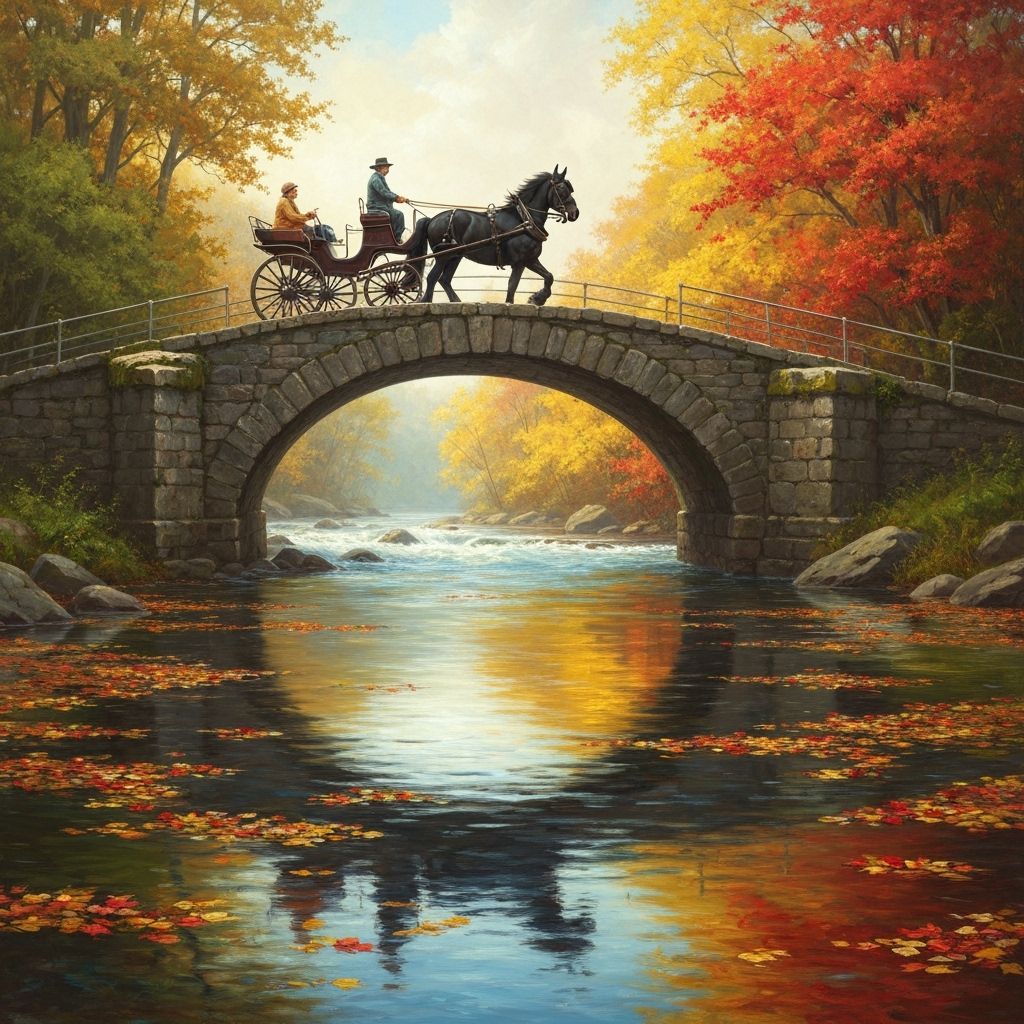 Stone Bridge, Autumn Leaves, Horse Cart: Oil Painting