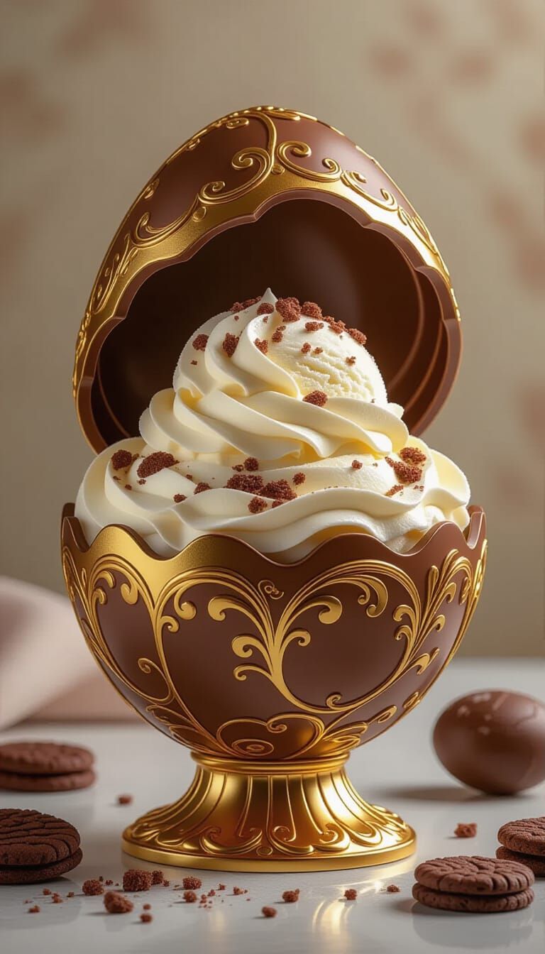 Chocolate Egg Filled with Ice Cream in Digital Art Style