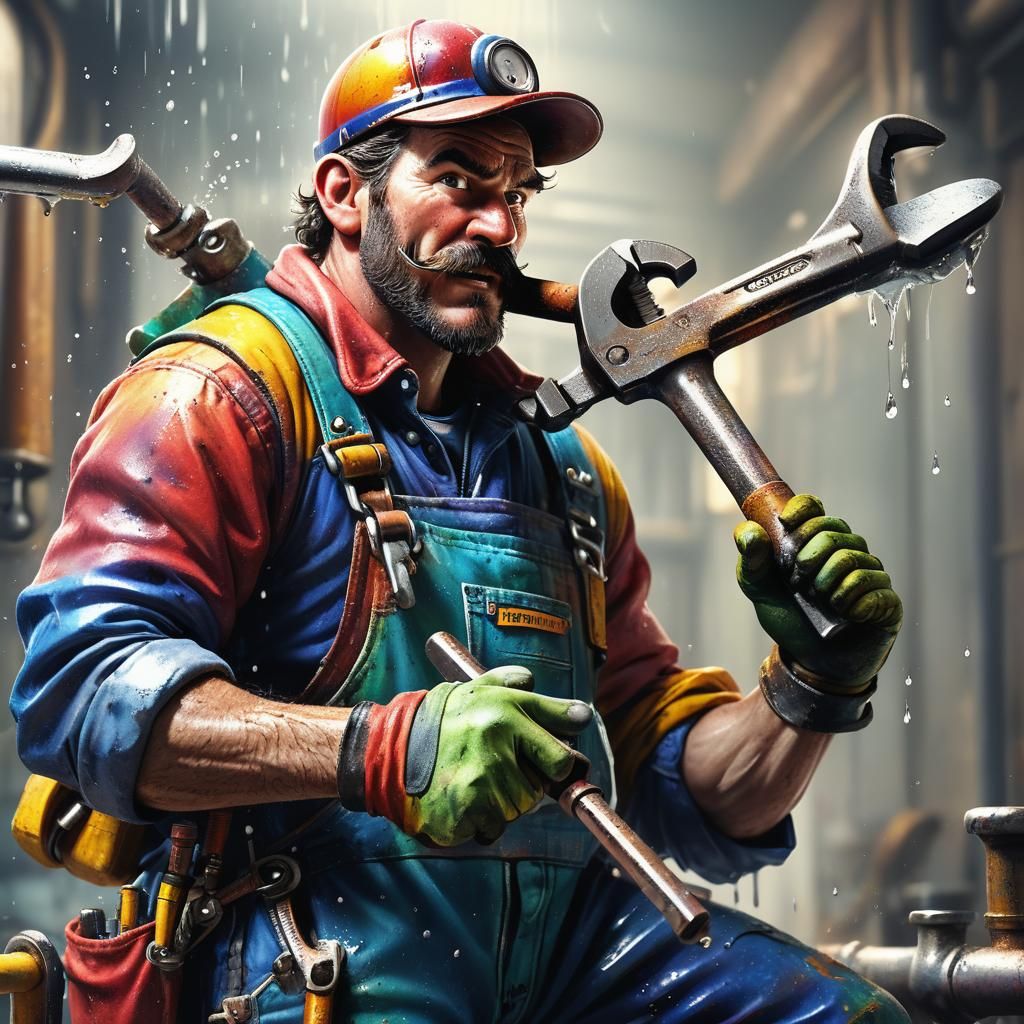 Hyperrealistic Plumber Concept Art with Ancient Wrench