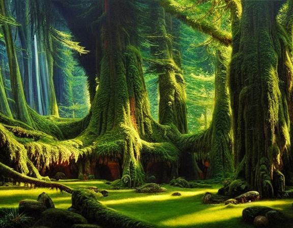 Druidic Ruin in Ancient Evergreen Forest Oil Painting
