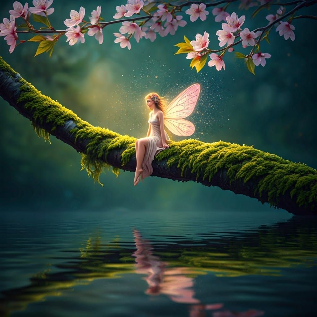 Fairy on Cherry Blossom Branch in Colorful Ink Flow