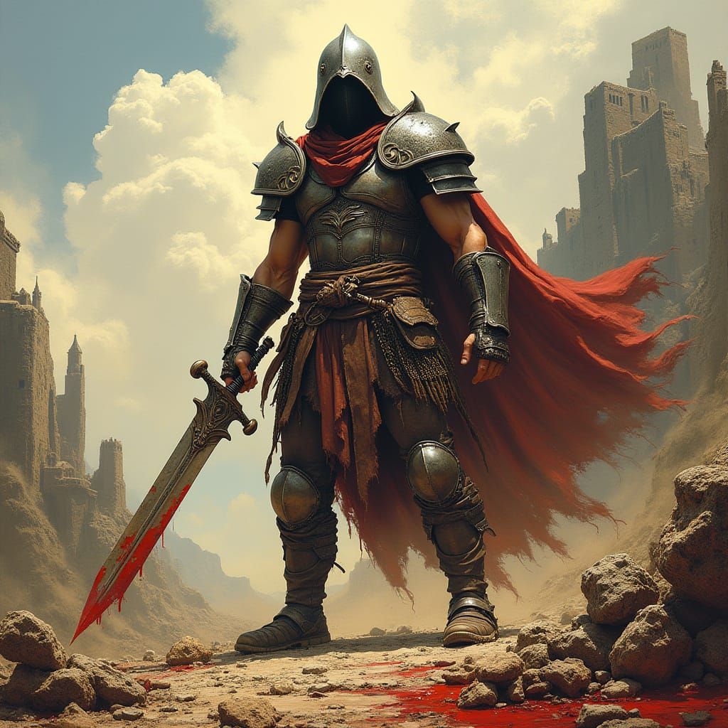 Fierce Warrior in Battle-Scarred Landscape