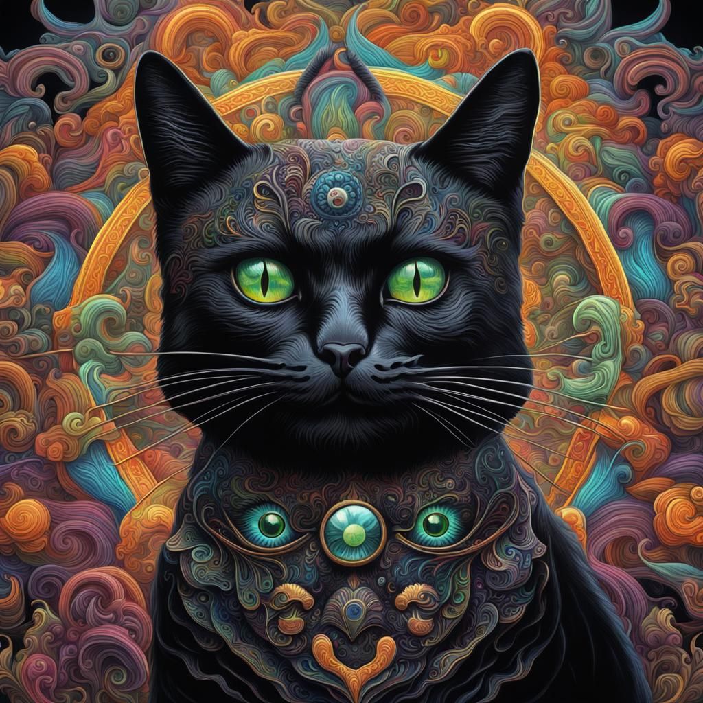 Psychedelic Black Cat Portrait in Surreal Style