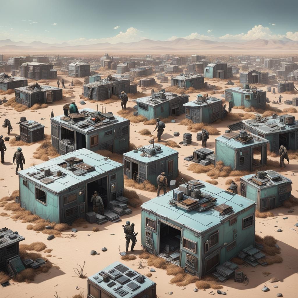 Close up, a tribe of people building houses out of old elect...