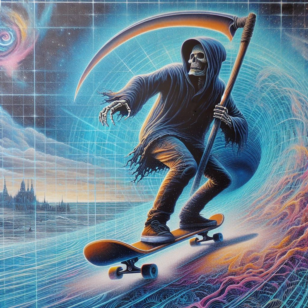 Skateboarding Grim Reaper in Holographic Astral Scene