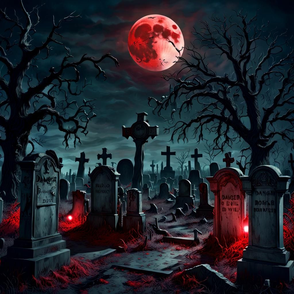 Eerie Blood Moon Over Abandoned Graveyard