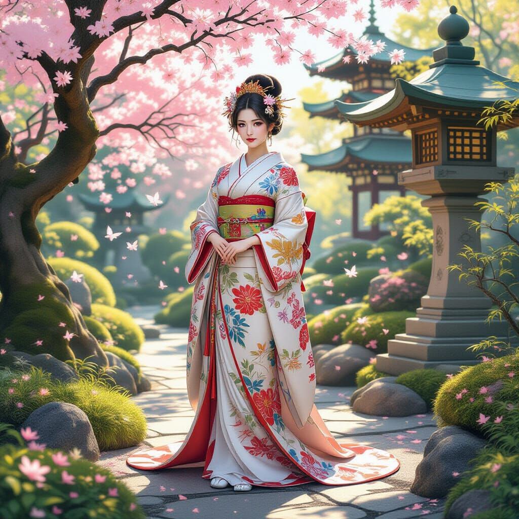 Japanese Elven Queen in Kimono, Art Nouveau Style
