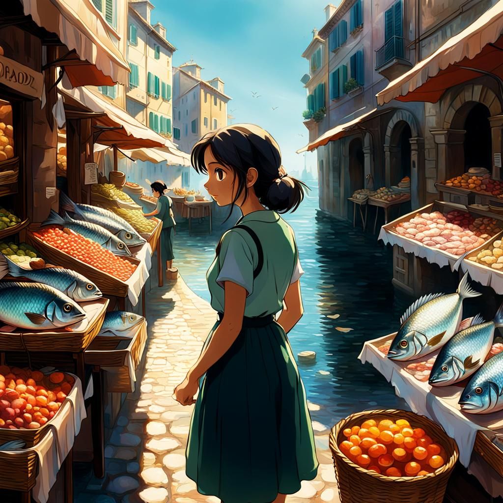 Italian Girl at Fish Market in Ghibli Style