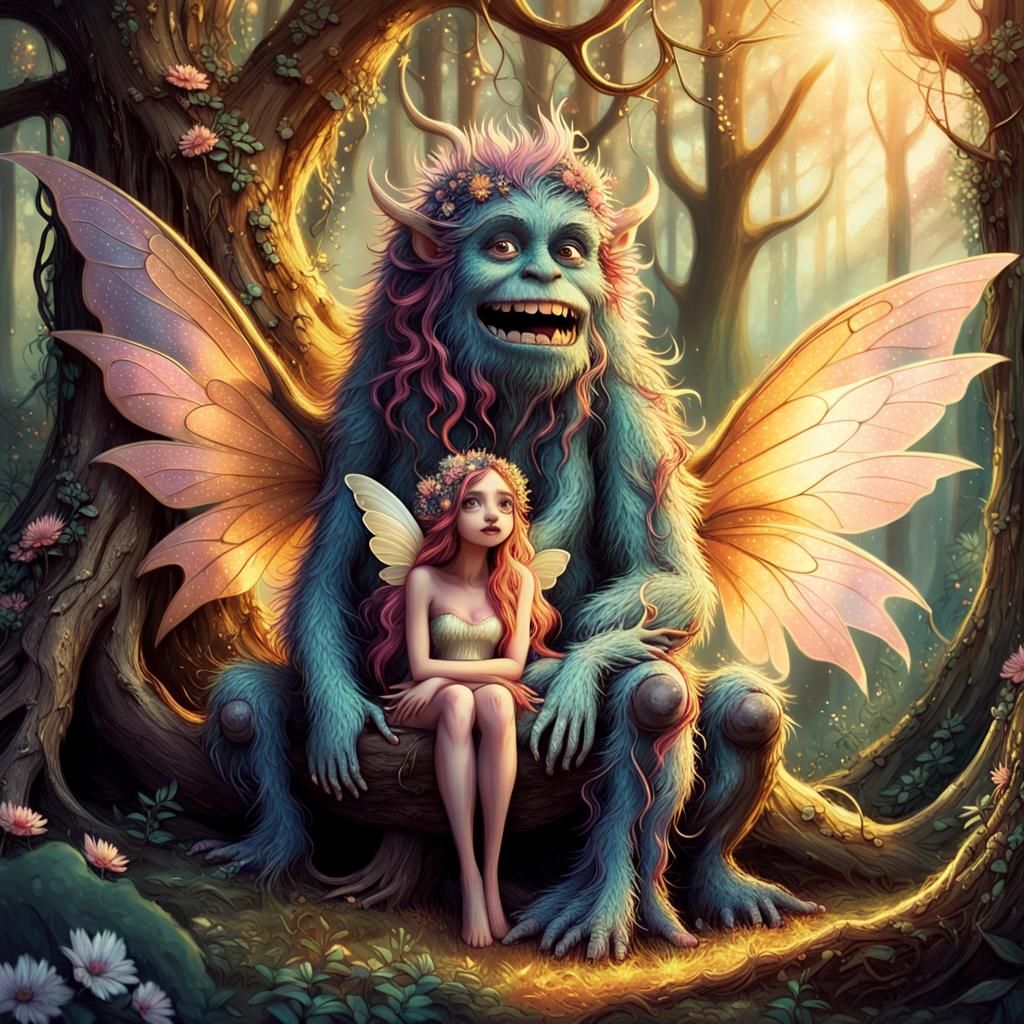Gentle Monster and Fairy in Forest, Oil Painting