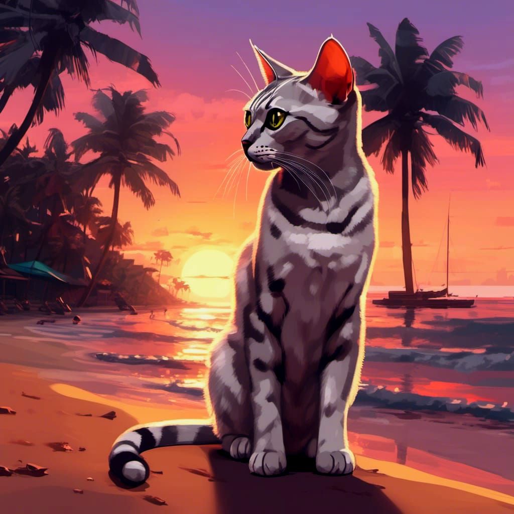 Tropical Beach Sunset in Cyberpunk Style