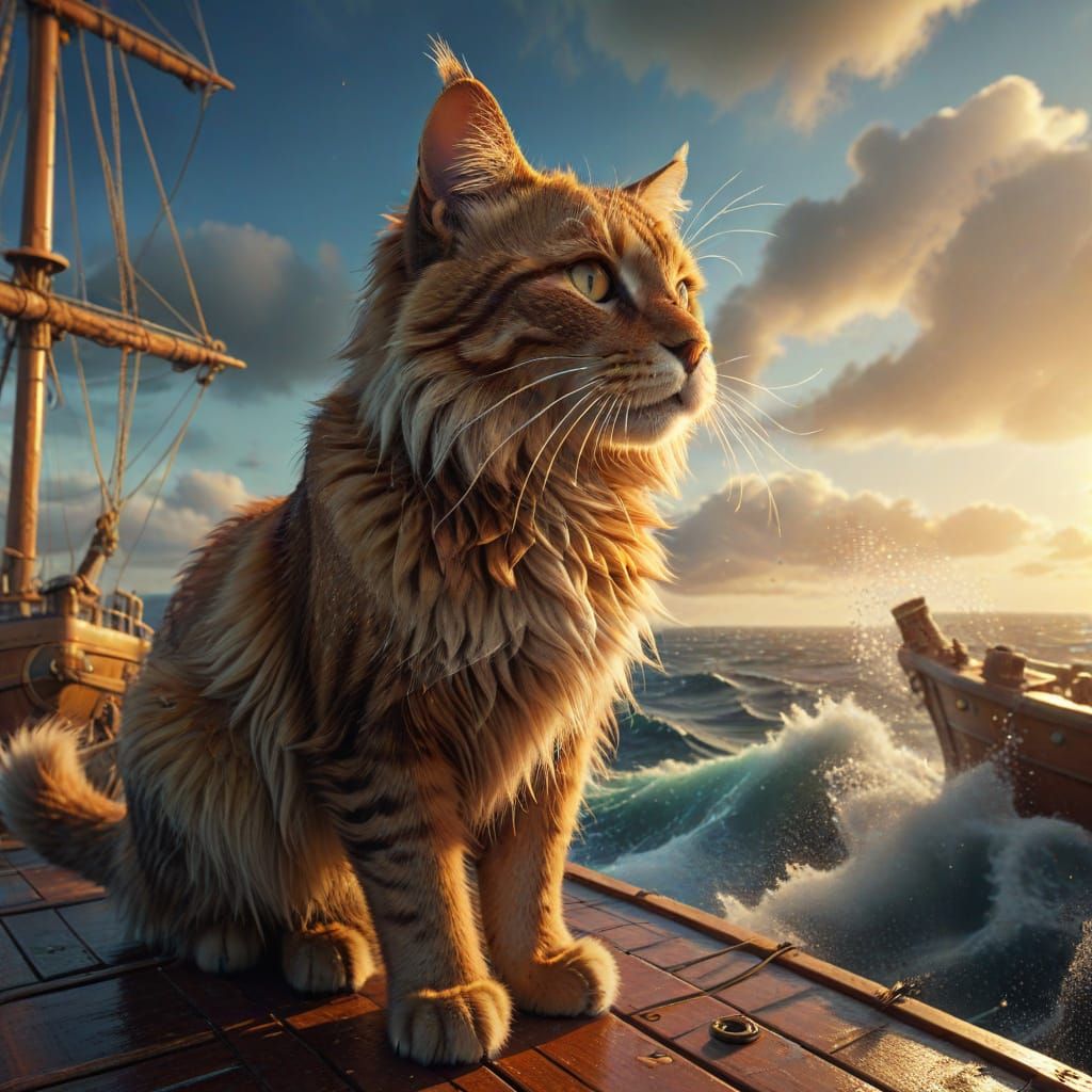 Majestic Giant Cat on Ship: Fantasy Illustration