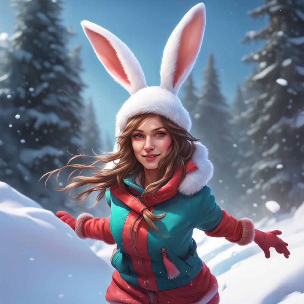 Girl Christmas Bunny Jumping in Snow, Digital Art