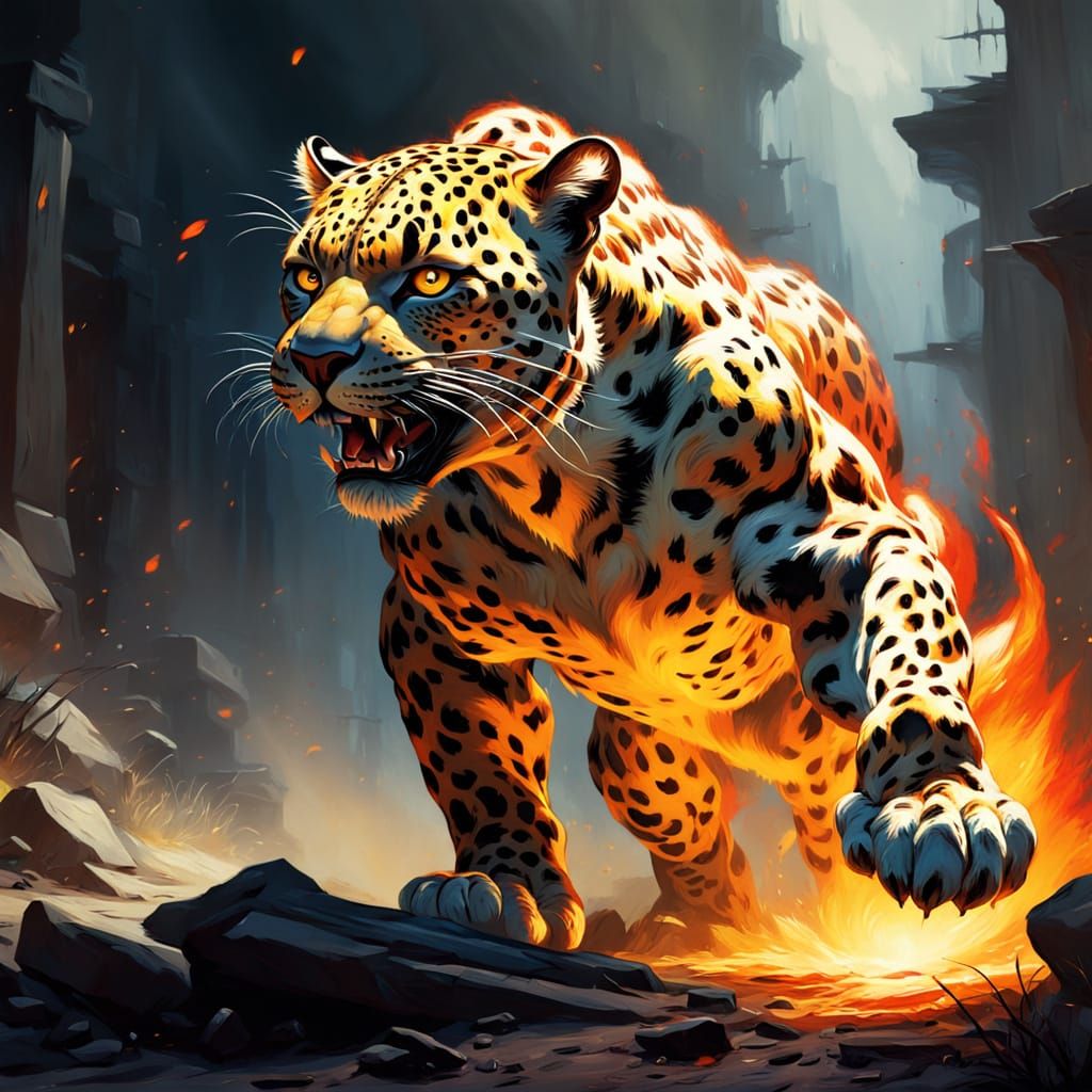 Expressionist Flame Leopard in Dynamic Impasto Style