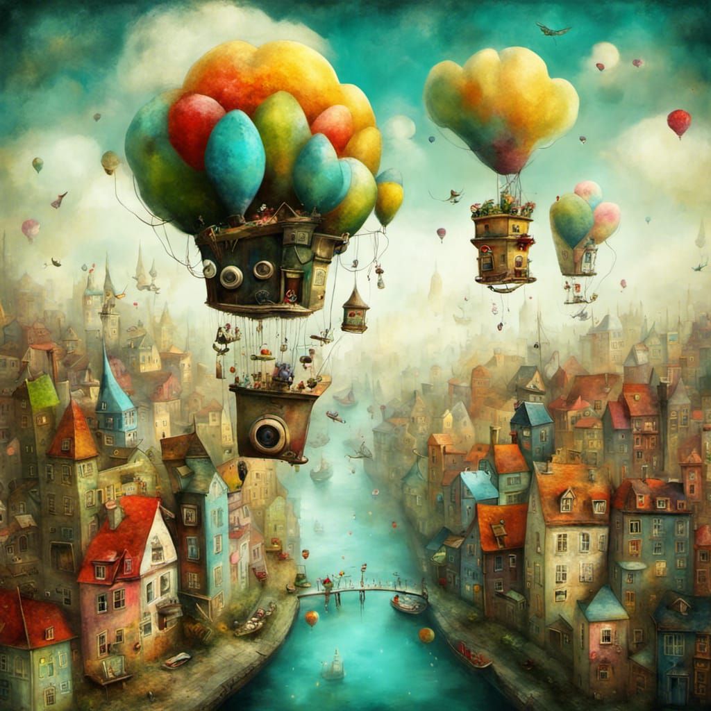 Whimsical Floating City in Naive Illustration Style