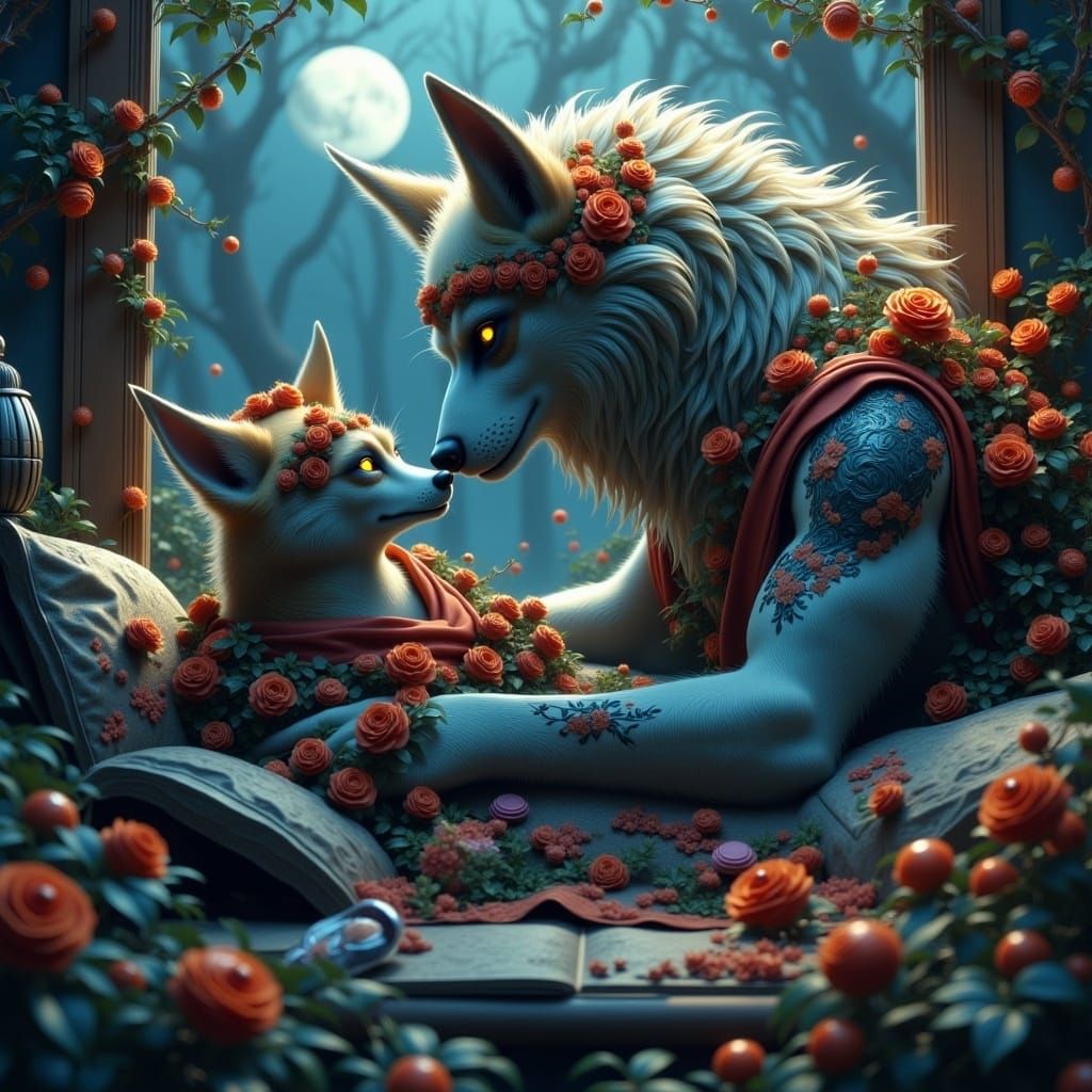 <lora:Beautiful Madness:1.0> He lulls me to sleep and kisses my eyes, don’t tell anyone that the big bad wolf is a puppy...