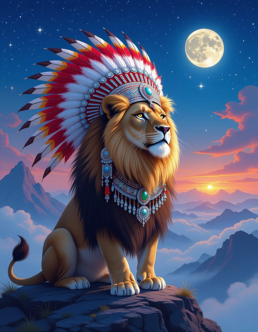 Celestial Lion with Hmong Headdress in Cosmic Art Style