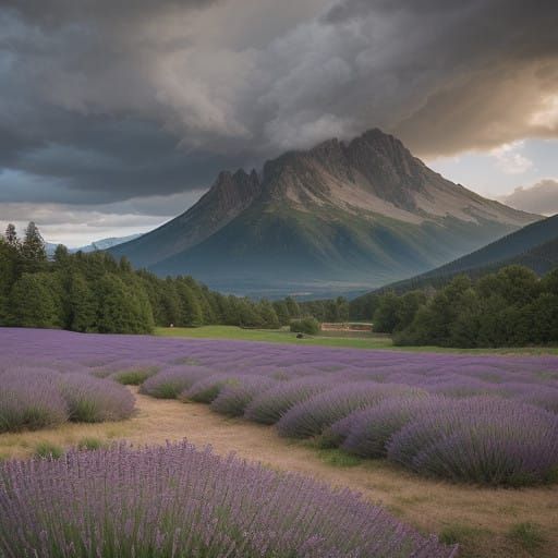 Lavender Fields of Serenity under Majestic Mountains and Clo...