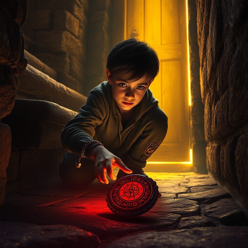 Boy Reaching for Amulet in Dark Basement