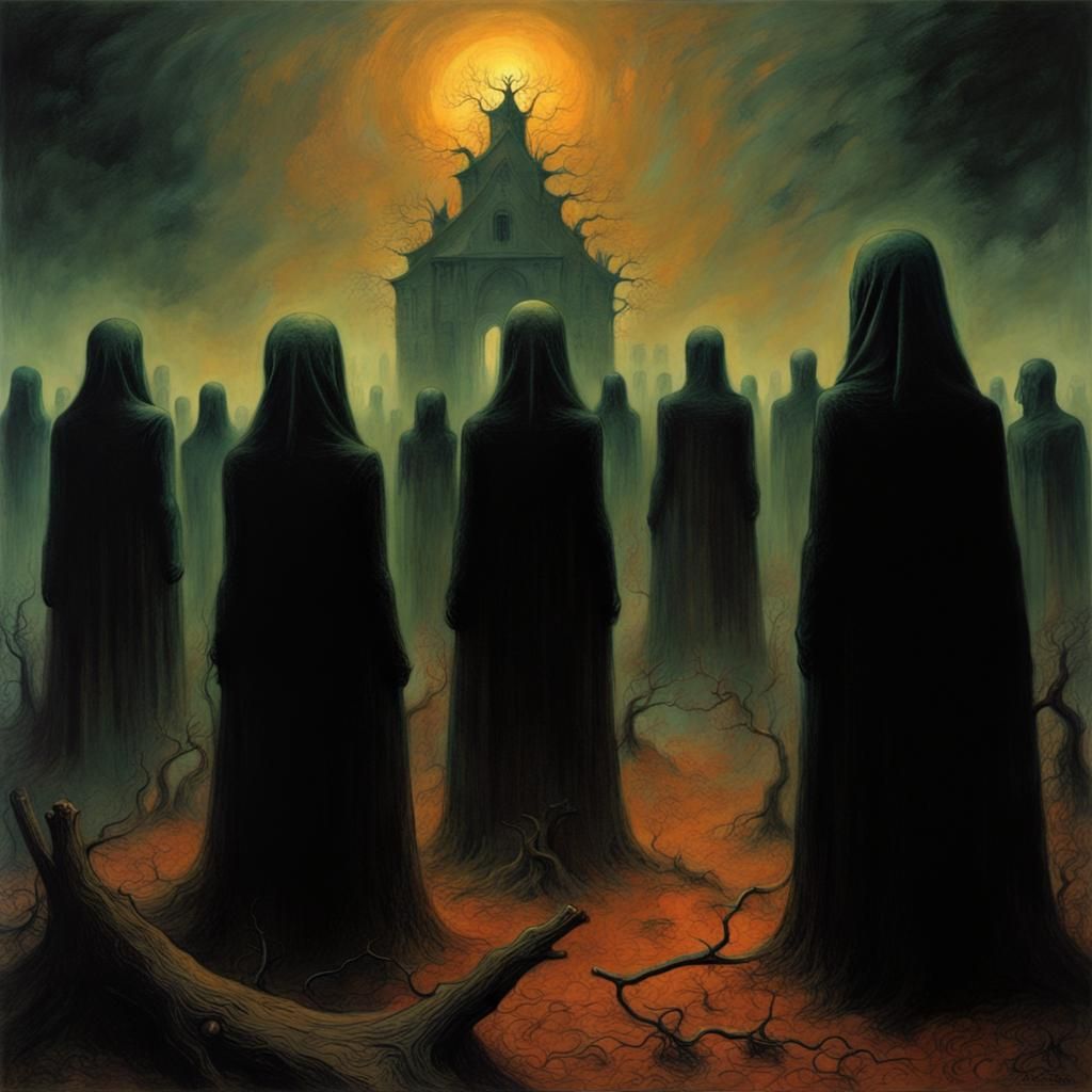 Eerie Salem Witch Trials in Surreal Horror Style