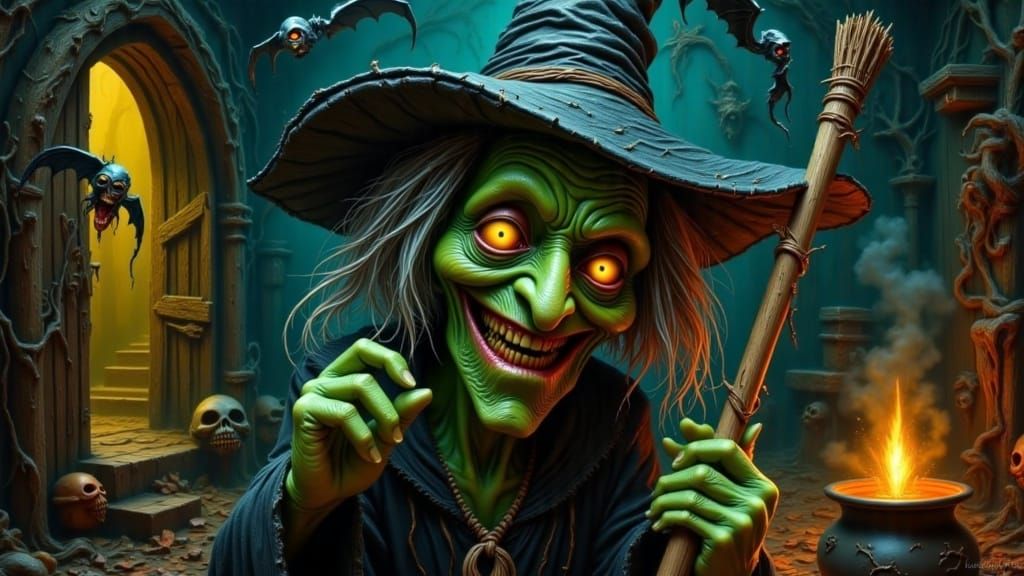 Wicked Witch in Ancient Chamber: Bosch Goya Bruegel Style