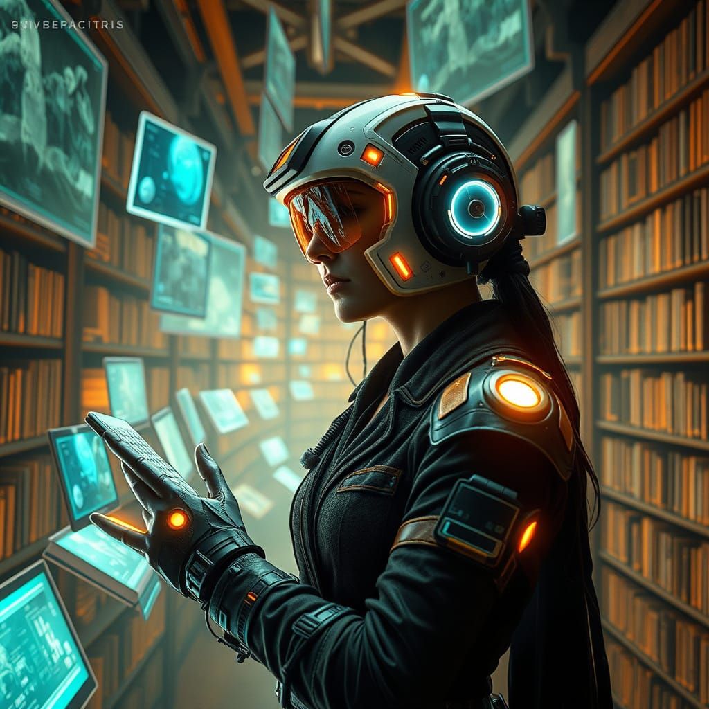 Cyberpunk Librarian in Virtual Library, Cinematic Film Still