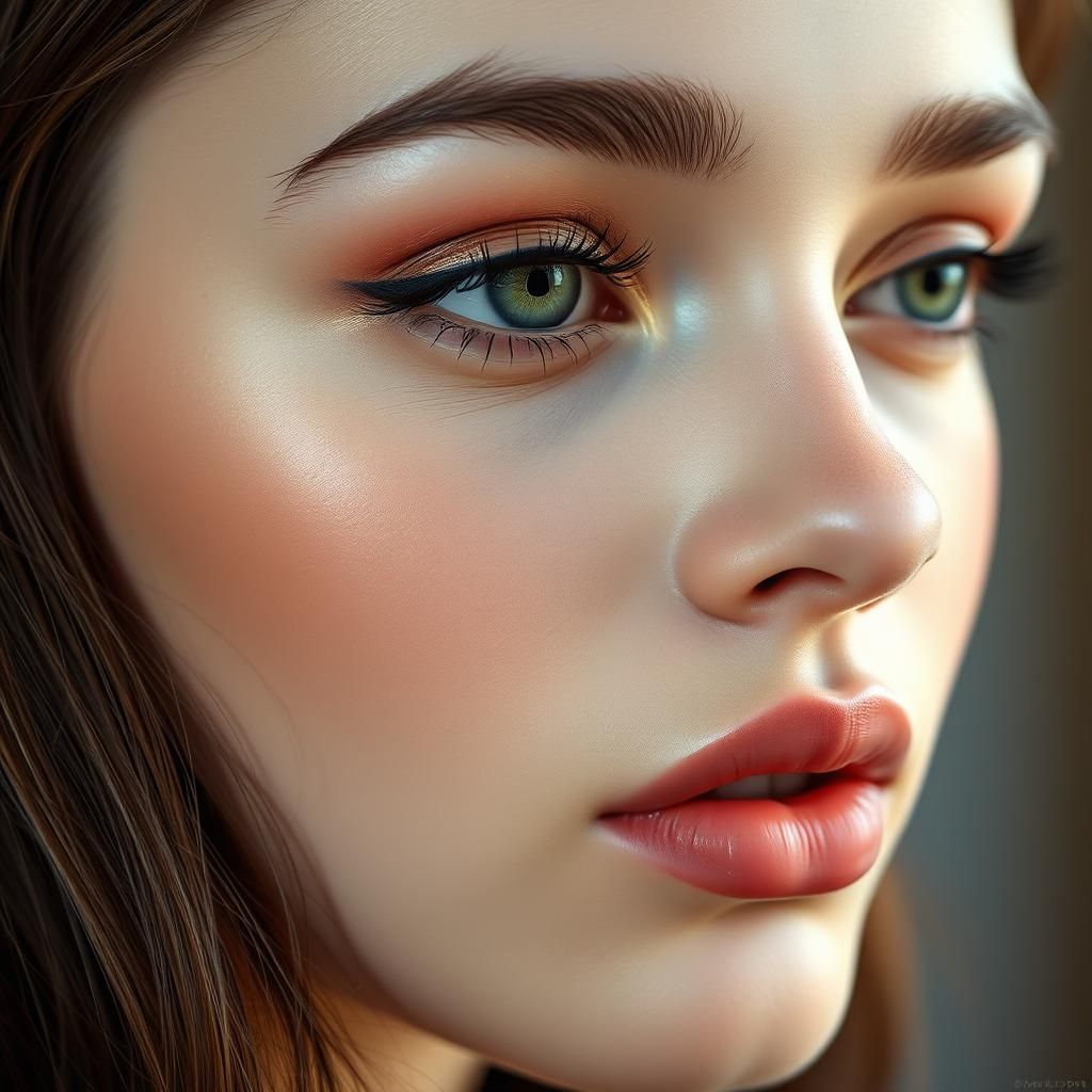Stunning Young Woman with Porcelain Skin and Dewy Finish