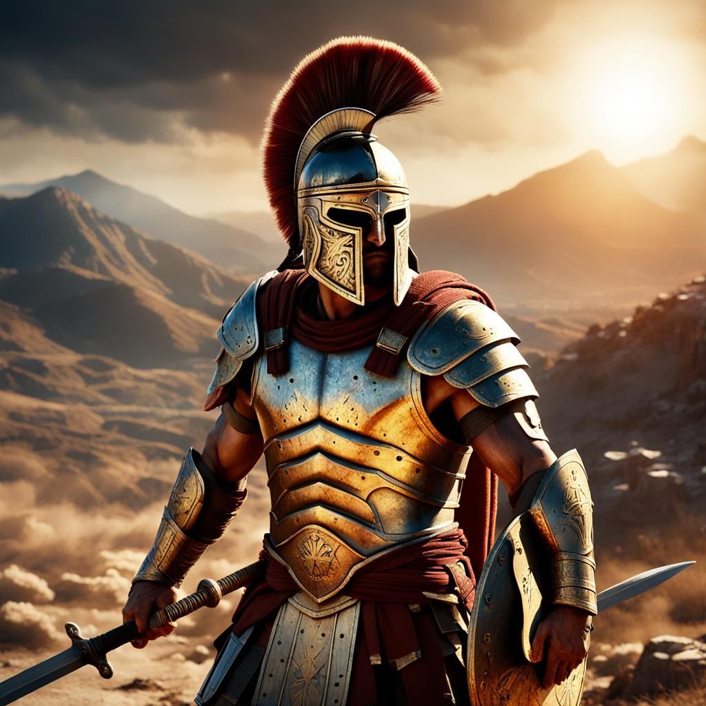 Male Spartan warrior Thermopylae battlefield under moonlight crisp detail iron armor and broadsword fierce war-torn land...