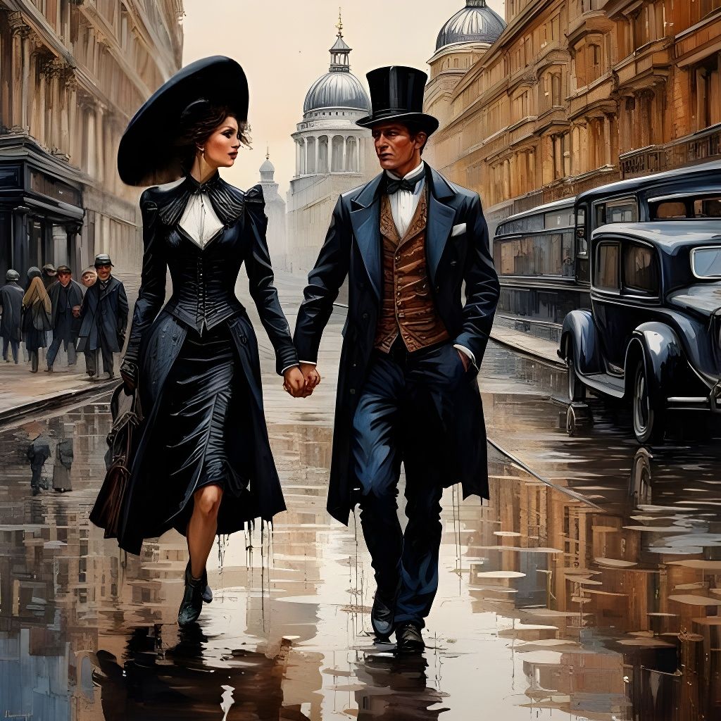 Victorian Couple Walking in London, Splash Art