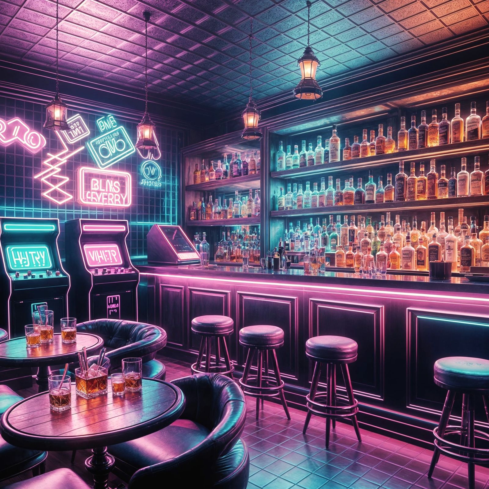 Synthwave Whiskey Bar with Neon Lights