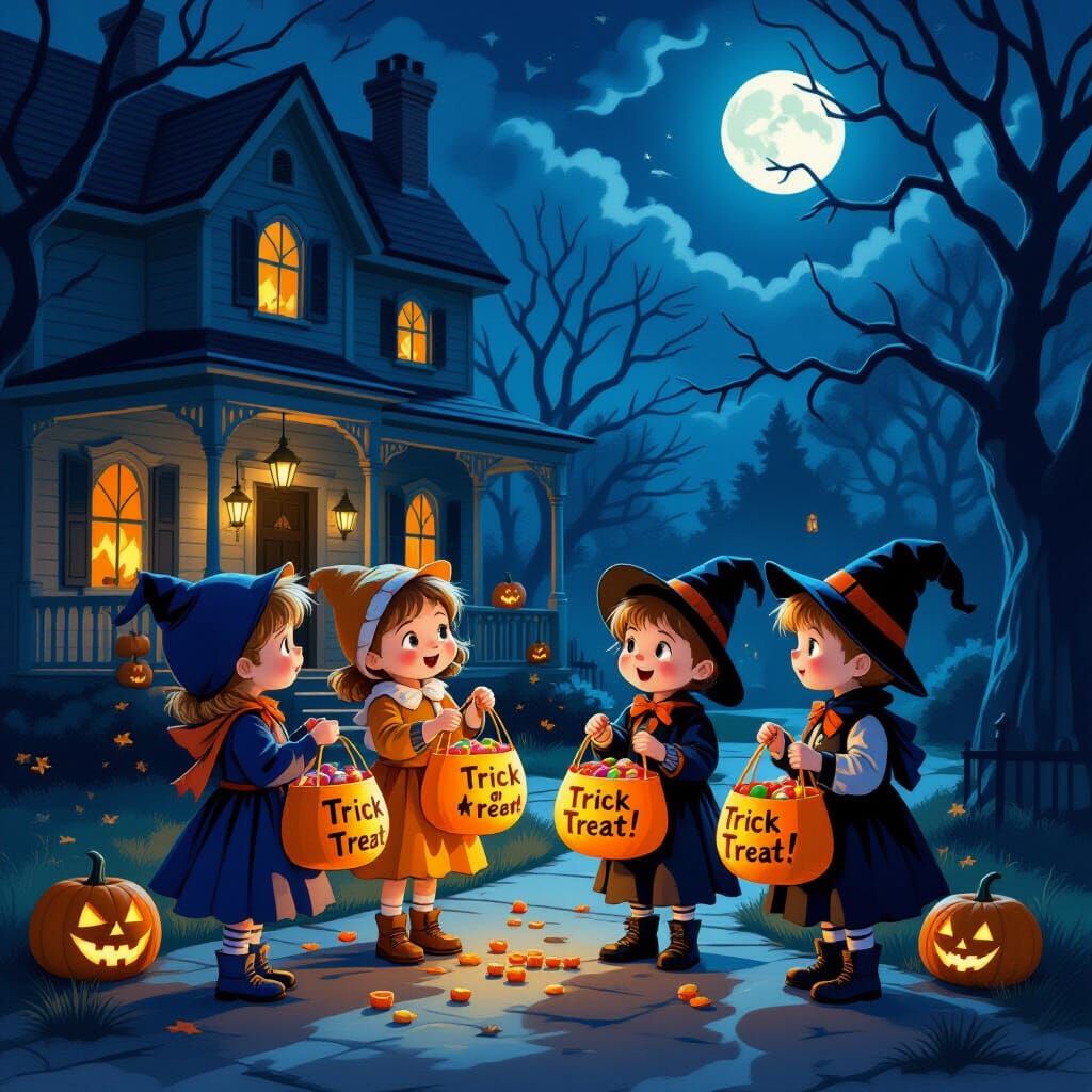 Children in Halloween Costumes Trick or Treating