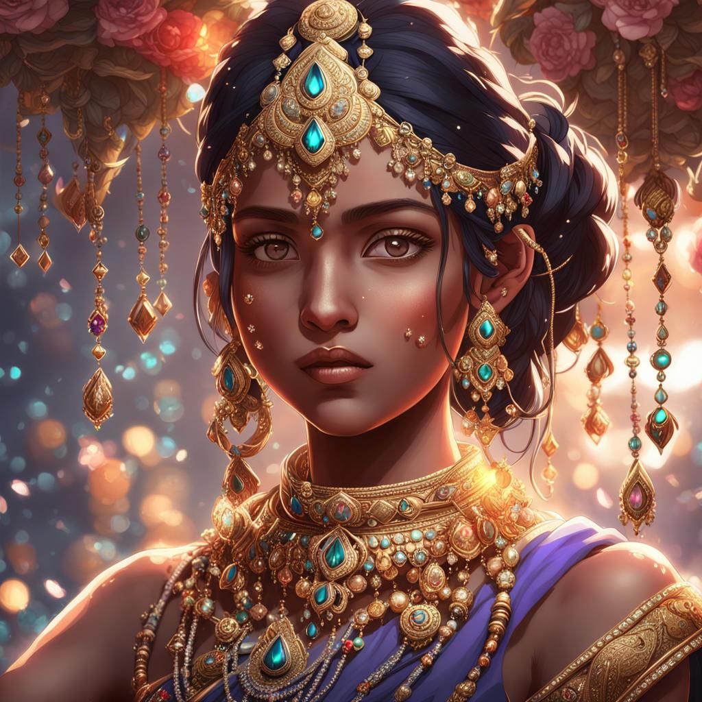 Bejeweled Indian Princess in 3D Anime Style