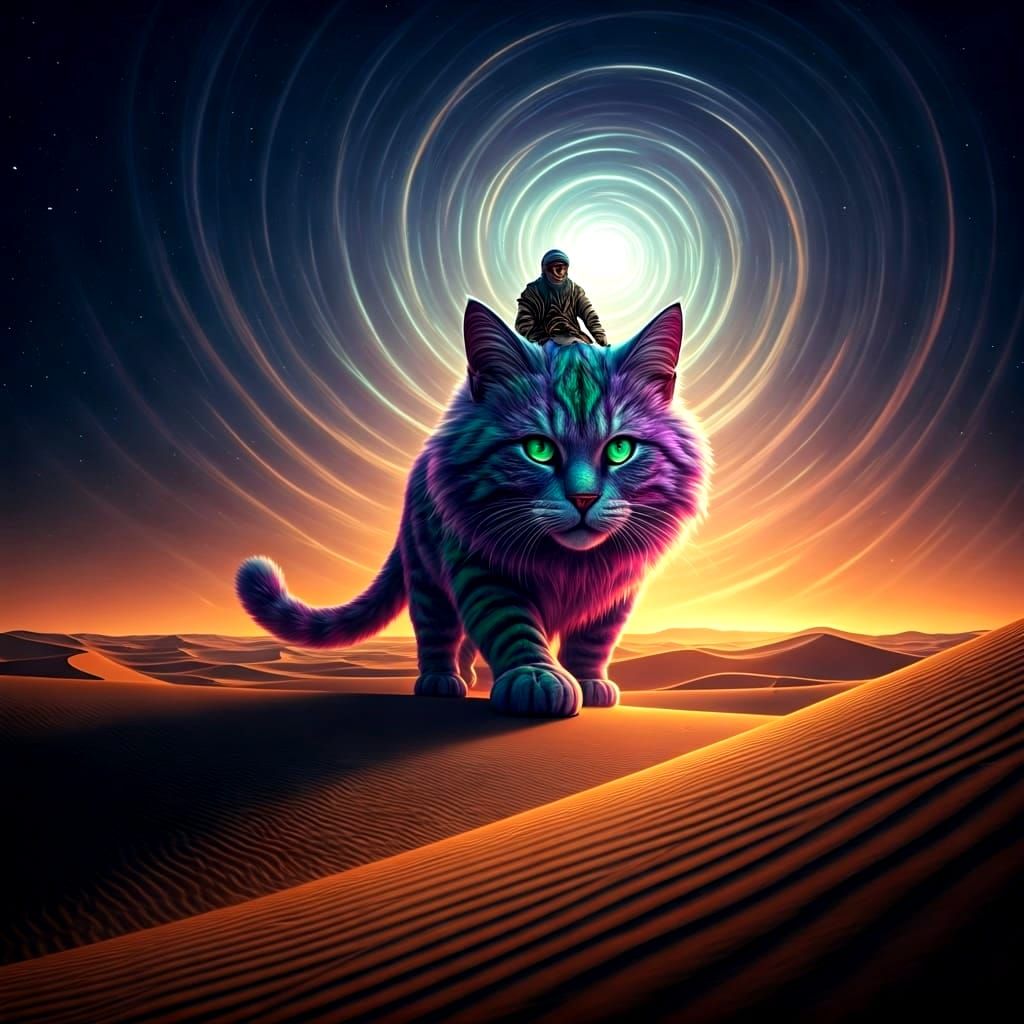 Desert Nomad Rides a Giant Cat: Photorealistic Fantasy