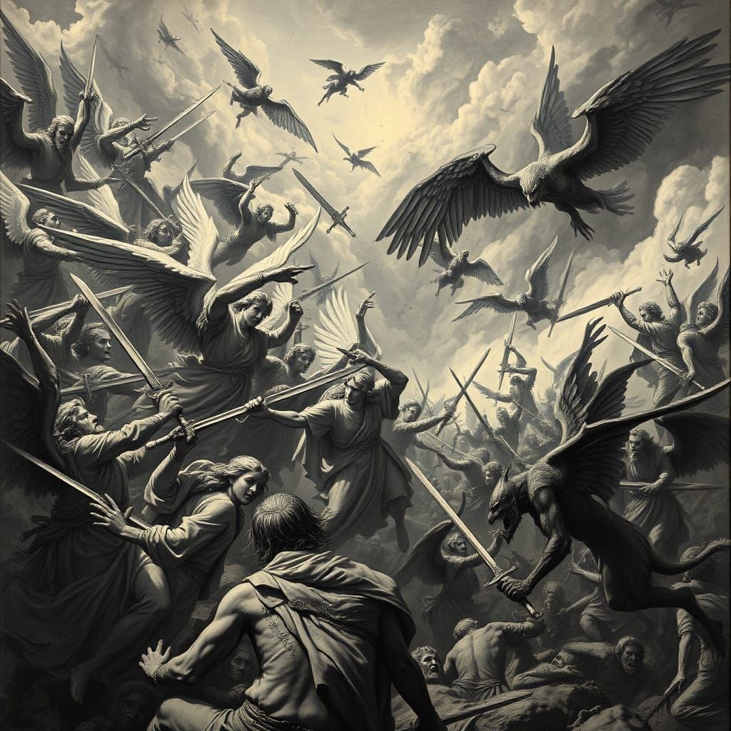 Epic Angel vs Demon Battle in Engraving Style