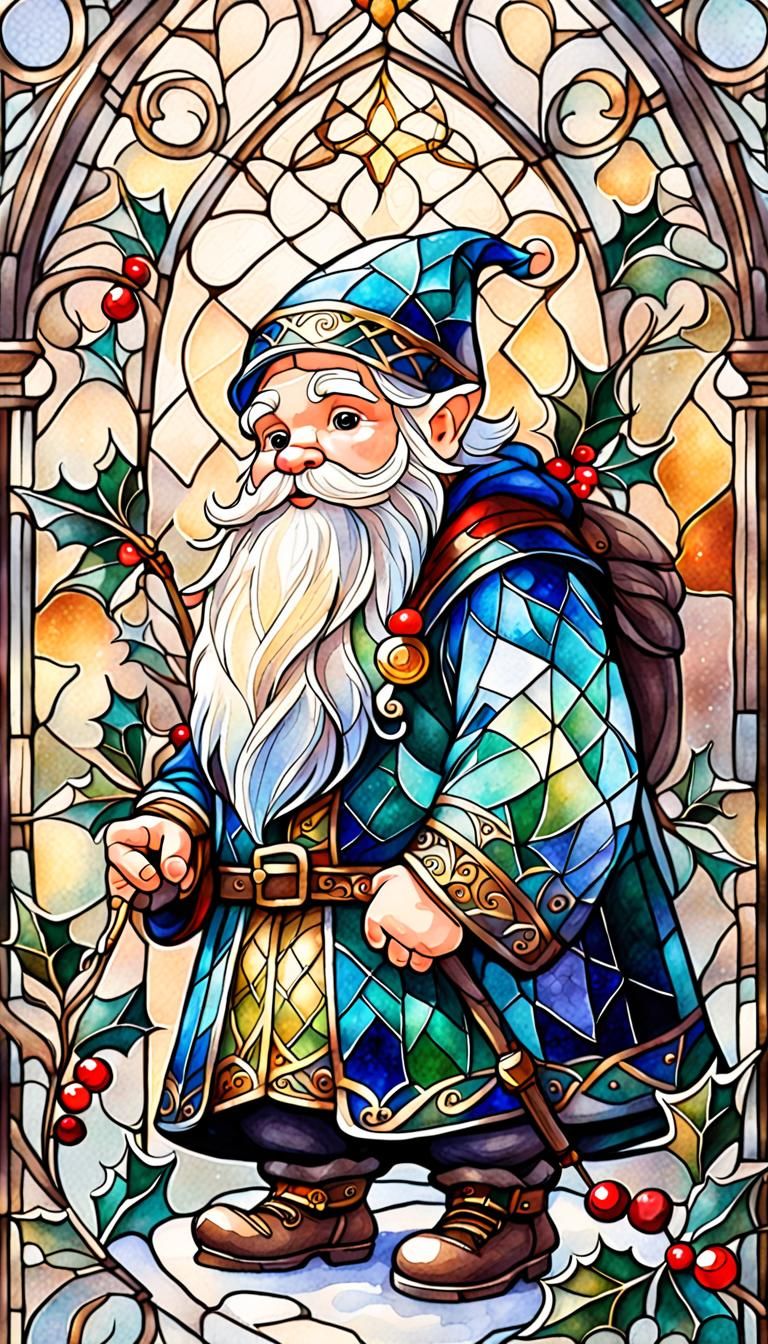 Elegant Whimsical Christmas Dwarf in Stained Glass Watercolo...