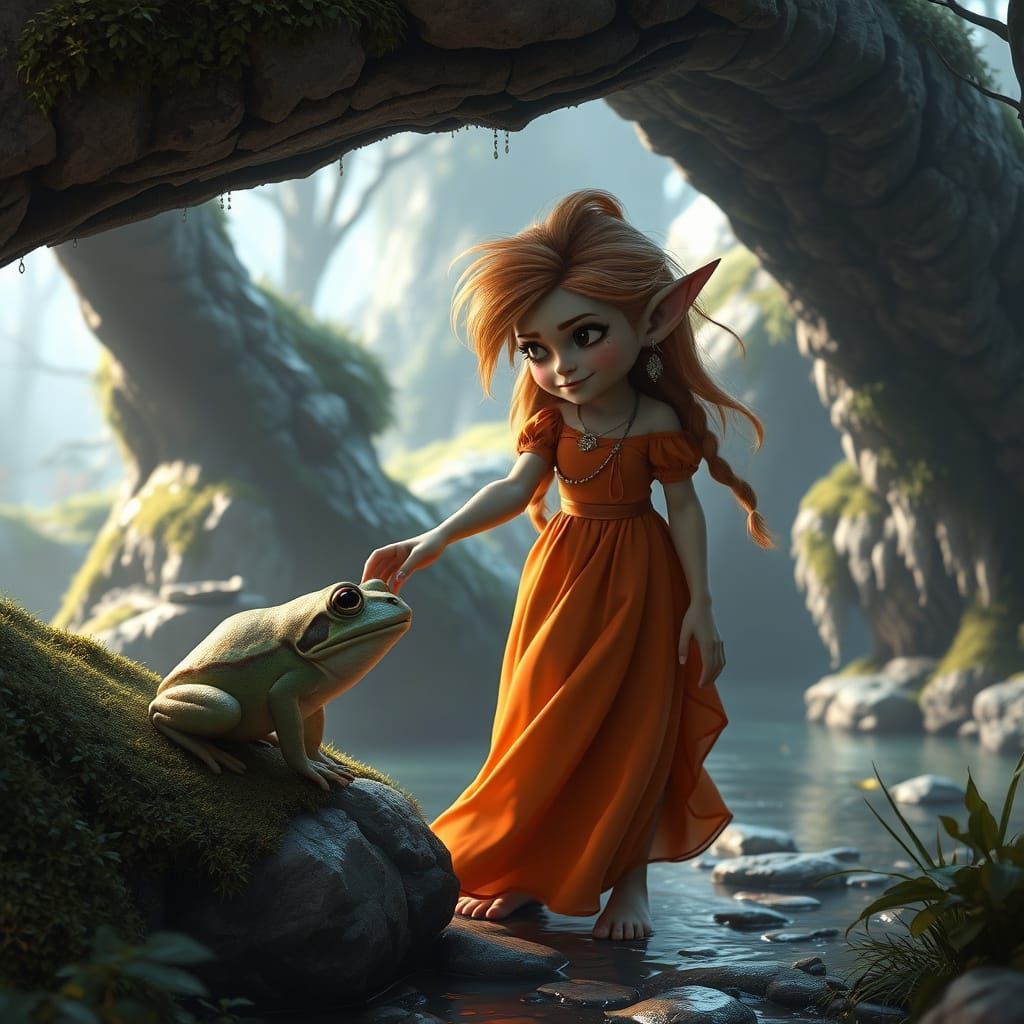 Enchanting Troll Helping Frog, Fantasy Art