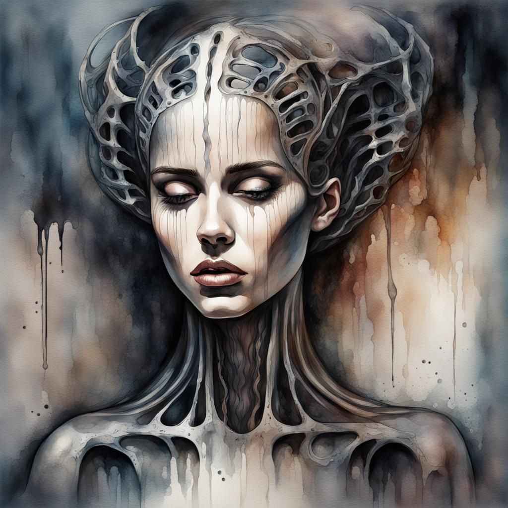 Young Woman in Giger Style Watercolor