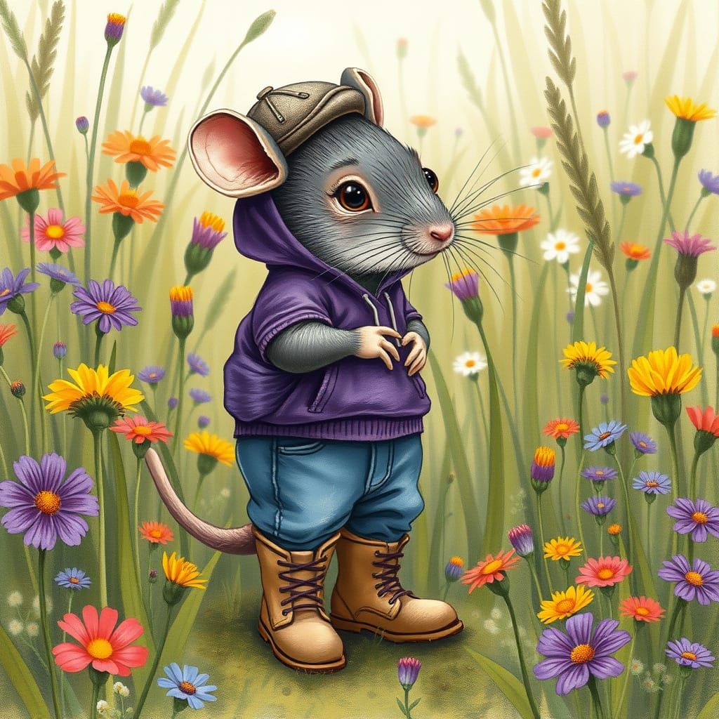 Mouse in Whimsical Wildflower Field, Inspired by Rackham, Fr...