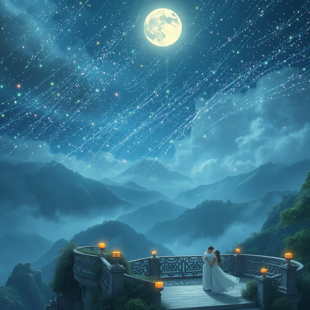 Ethereal Night Sky Over Mountains with Dancing Spirits