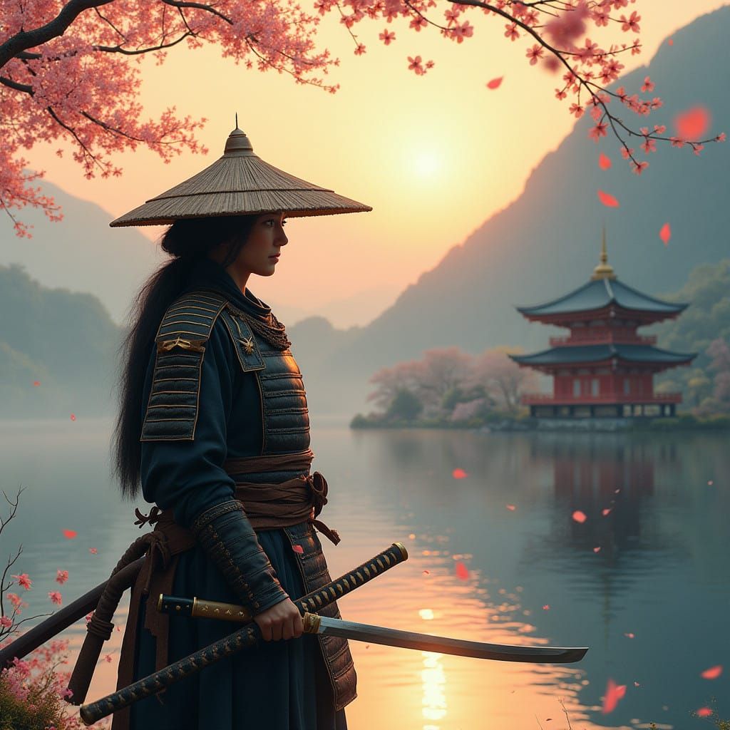 Samurai Standing by Calm Lake at Sunset, Wearing Traditional...