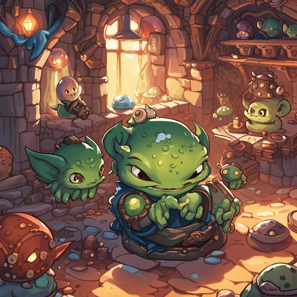 Adorable Chibi Goblin in Dungeon, Vector Art