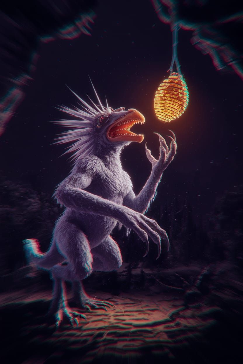 Bioluminescent Alien Creature Eats Fireflies in Dark Forest