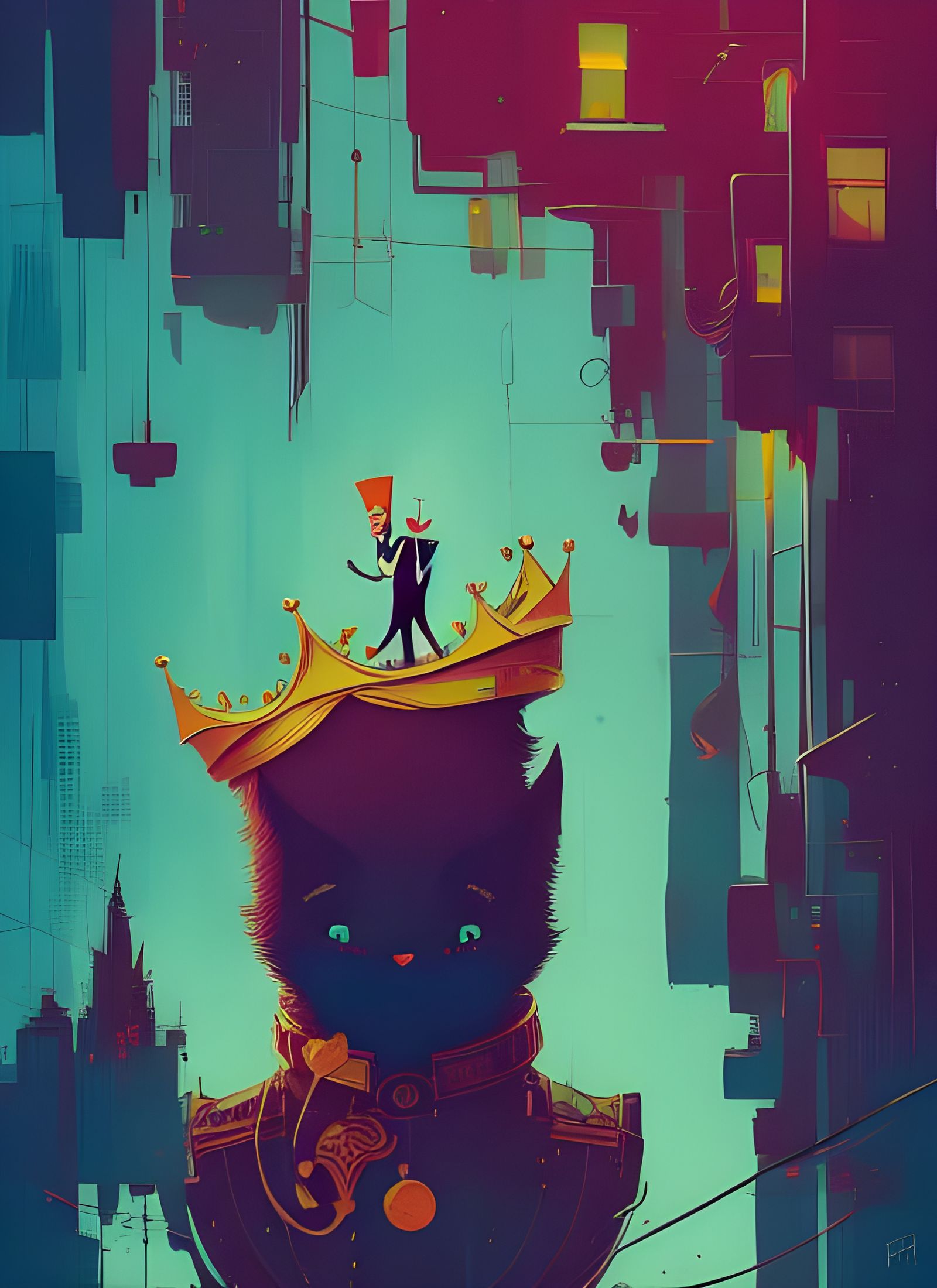 Anthropomorphic Cat King in Cityscape Art