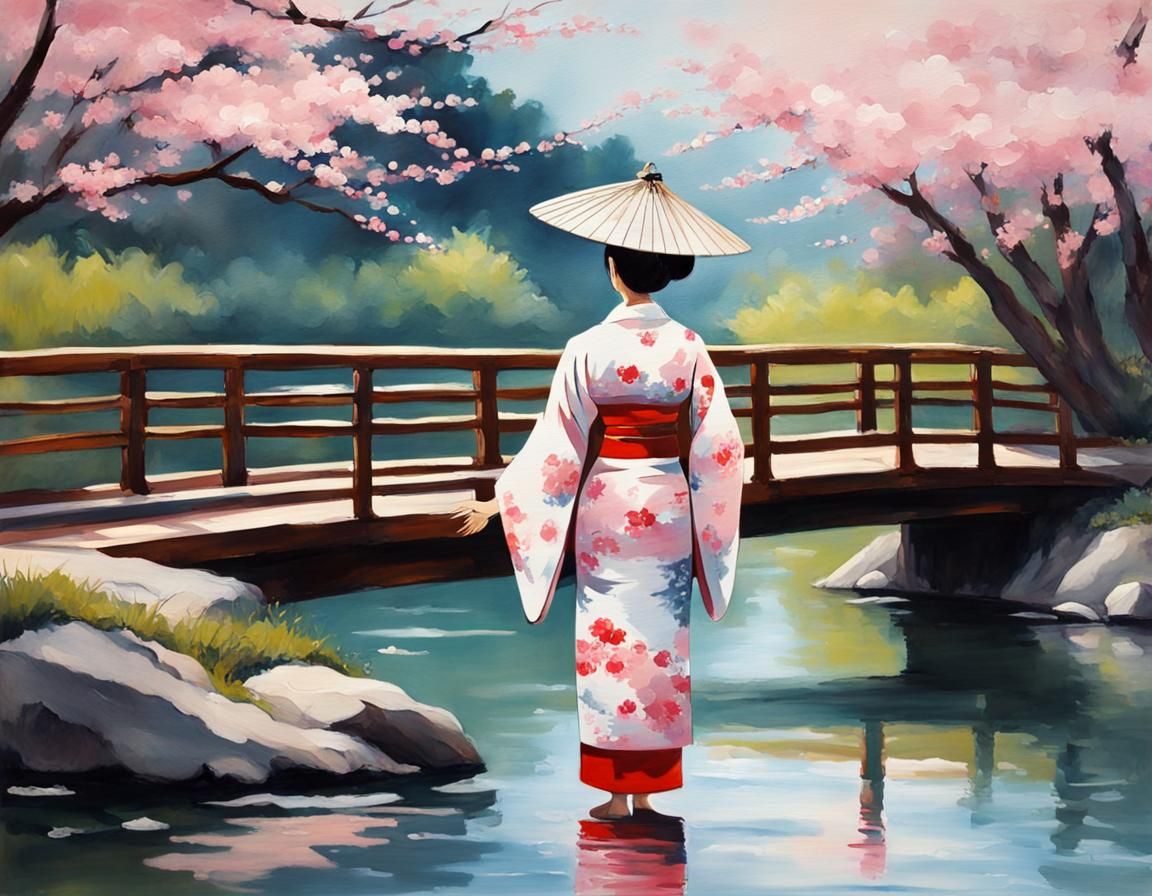 Japanese Woman on Bridge in Impressionist Gouache Style
