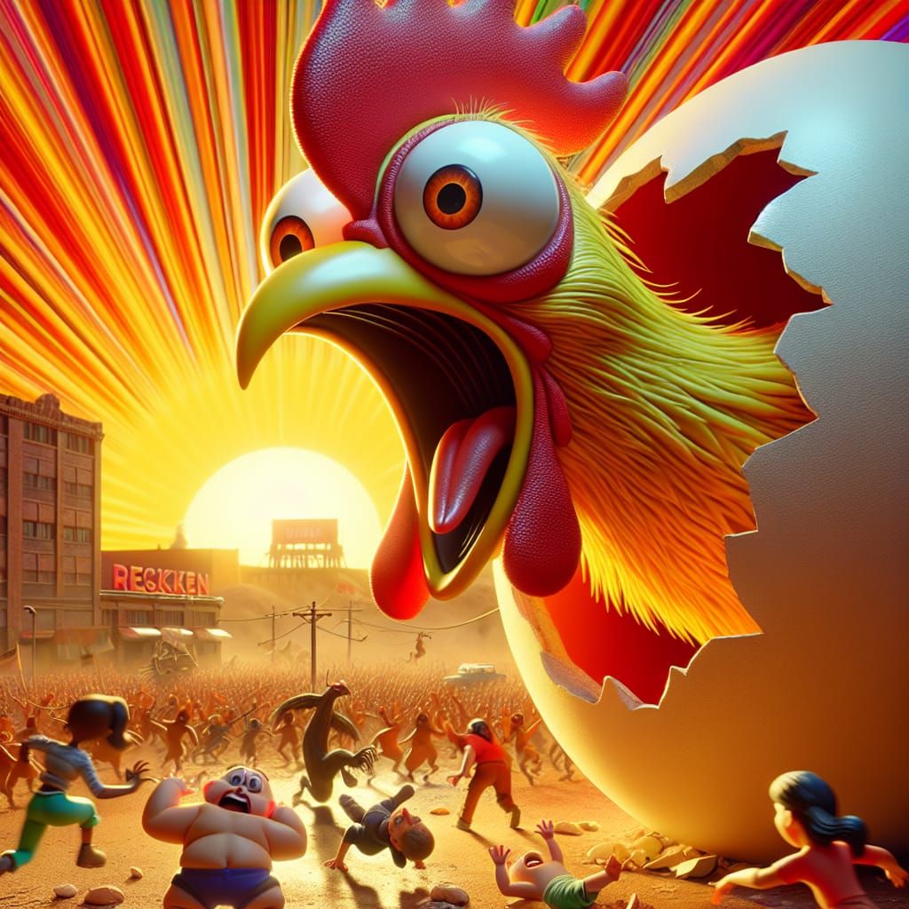 Post-Apocalyptic Rooster Emerges, Hyperrealistic Cartoon