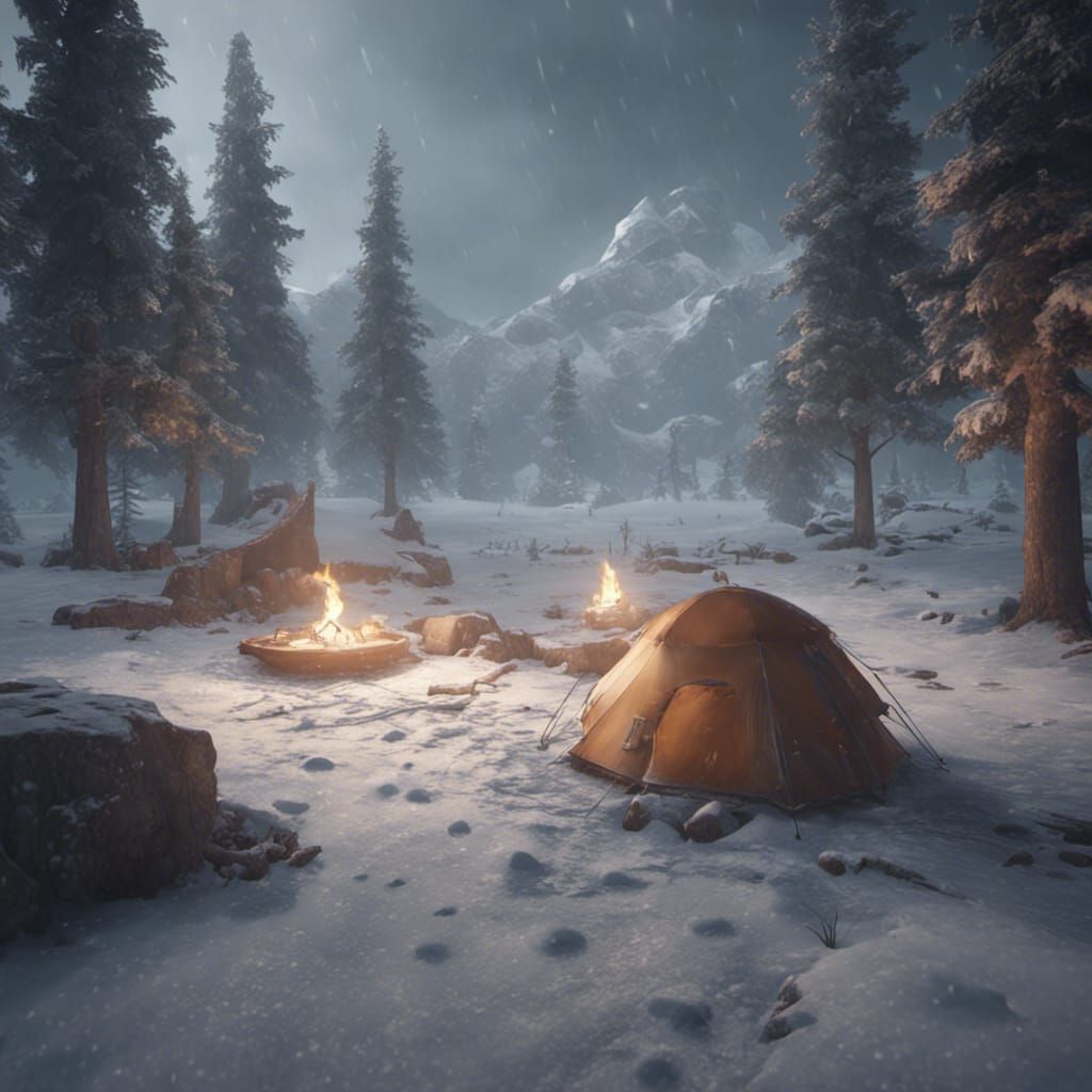 Snowstorm Campsite: 3D Game Cinematic Graphics